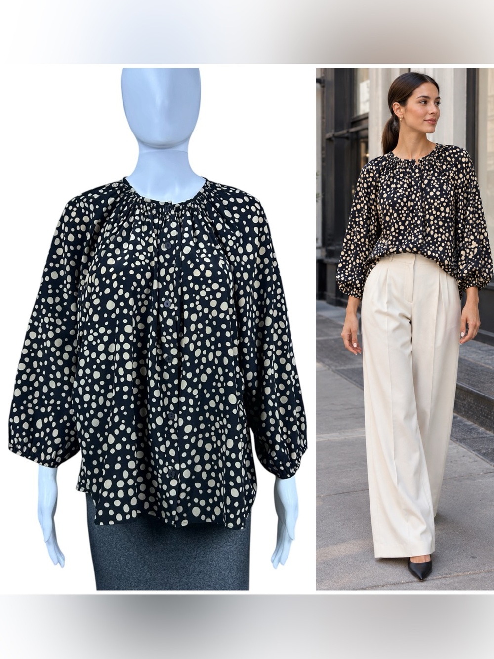 Tucker Silk Polka Dot Blouse Size L Raglan Balloon Sleeve Boho Quiet Luxury Top